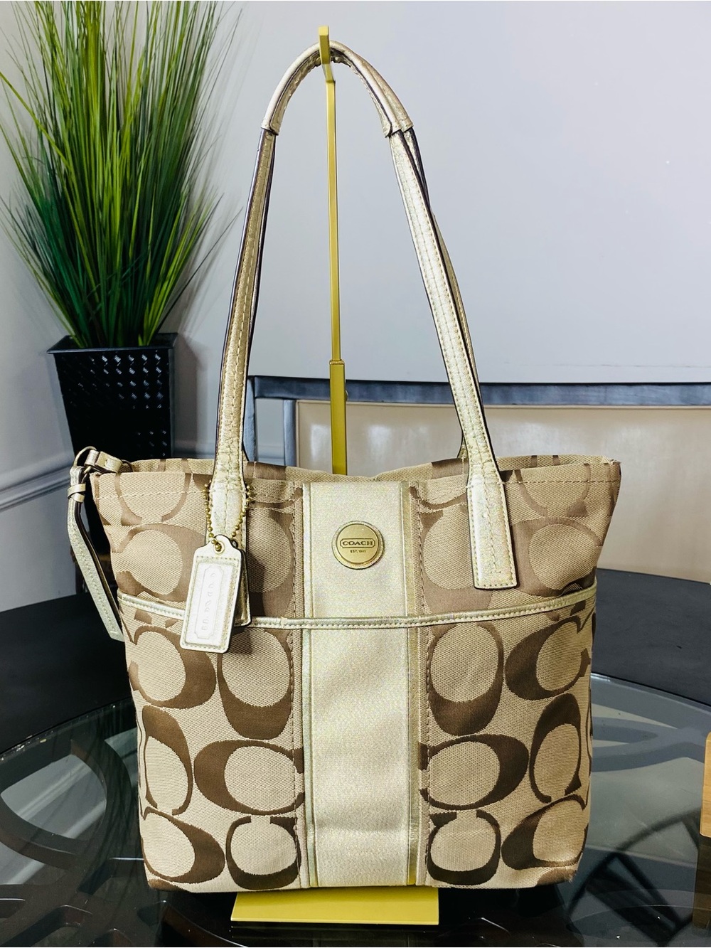 COACH Signature Stripe Tote Bag Khaki Jacquard Gold Metallic Leather Trim